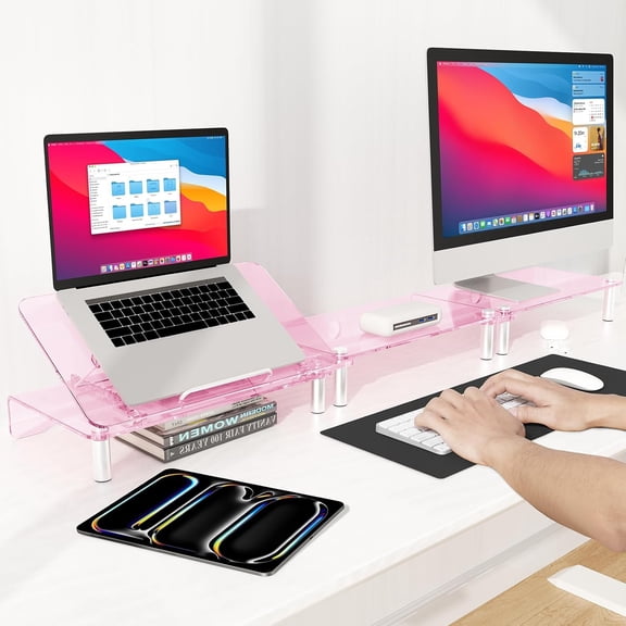 Ergonomic Pink Acrylic Dual Monitor Stand with Adjustable Height for Laptop and Monitors, Space Saving Desktop Riser Holder for Home Office