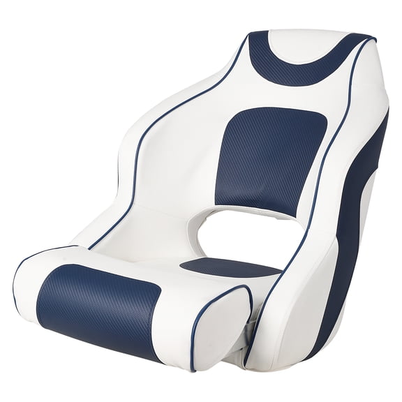Ergonomic Pontoon Boat Captain Bucket Seat with Thick Foam Padding & UV-Resistant Marine Vinyl, Injection Molded Frame for Fishing and Sightseeing | Waterproof,– Leg Support White and Blue Stitching