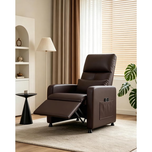 Ergonomic Power Recliner Chair, Adjustable Electric Recliner Sofa with Tall Supportive Backrest, Overstuffed PU Leather, USB Port & Lumbar Support, Side Pockets for Living Room,Brown