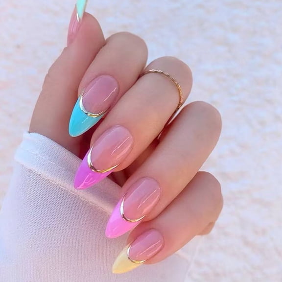 Ergonomic Rainbow Press-On Nails 24Pieces Long-Lasting French Design Lightweight For & Social Comfort