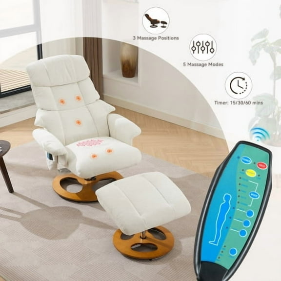 Ergonomic Recliner Chair with Ottoman, Massage Chair with Heat, 360° Swivel Lounge Chair, Wingback Recliners with Vibration Massage & Adjustable Backrest for Living Room, Home Office, White