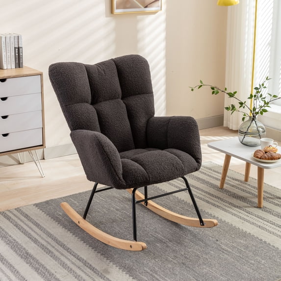 Ergonomic Rocking Chair with Silent Glider Mechanism for Parents - Plush Teddy Fabric Nursery & Living Room Comfort Seat with Sturdy Iron Frame and Quick Assembly