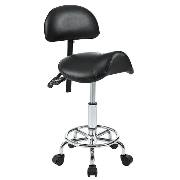Ergonomic Saddle Stool with Back Support, Rolling Stool with Foot Rest, Adjustable Height & Tilt for Salon Spa Tattoo Massage, Black Foam PU Leather, 350 lbs Capacity