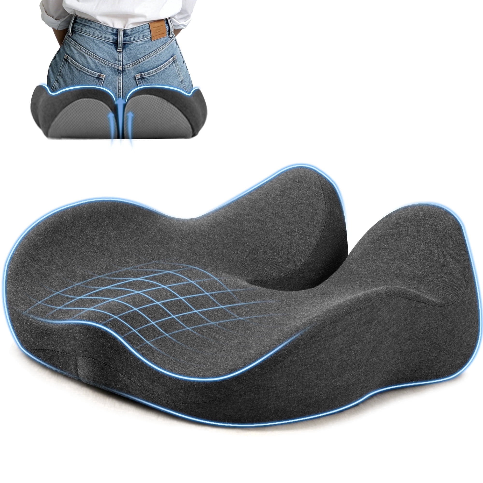 QUTOOL Ergonomic Office Chair Seat Cushion, Tailbone Pressure Relief & Long Sitting Comfort, 4.7" Extra Thick Firm Memory Foam Cushion, Contoured Hip Support, N