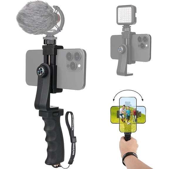 Ergonomic Smartphone Vlogging Hand Grip Stabilizer Holder Mount Video Kit | Landscape+Portrait Dual Mode, Anti-Falling Safety Strap,Mic/Light Adapter,Portable & Solid Selfie Stick for iPhone Samsung