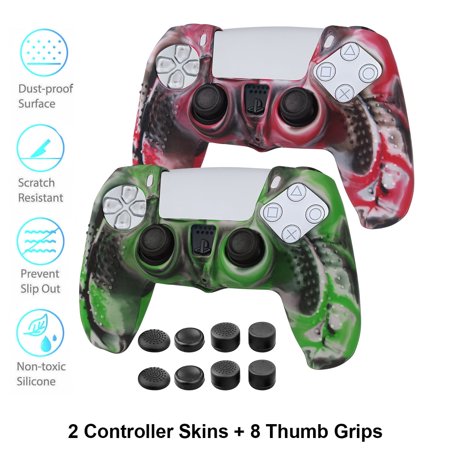 Ergonomic Soft Anti-Slip PS5 Controller Silicone Case Cover, Rubber Protector Skins with Black Joystick Caps - Camouflage Red+Green