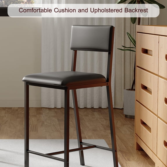 Ergonomic Space-Saving Portable Bar Set Set of 2 Modern Black PU Upholstered Bar Stools with Footrest & Backrest, 25.5'' Counter Height Perfect for Kitchen Island, Dining Room, Home Bar, Cafe