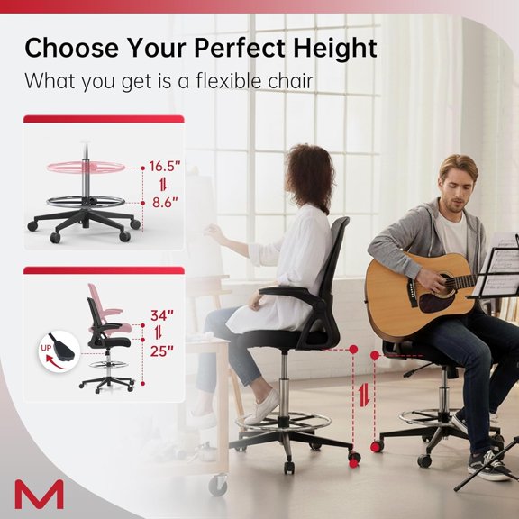 Ergonomic Standing Desk Chair with Lumbar Support and Footrest, Adjustable Drafting Chair for High Tables