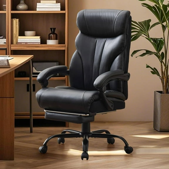 Ergonomic Swivel Computer Executive Chairs with Footrest, Flip-up Armrests PU Leather Padded Office Chairs, 100-135°Recline, with Adjustable Height, 500LBS, Black
