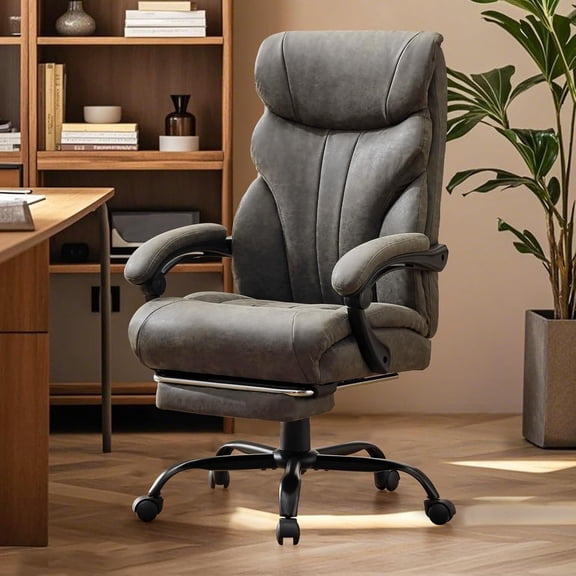 Ergonomic Swivel Computer Executive Chairs with Footrest, Flip-up Armrests PU Leather Padded Office Chairs, 100-135°Recline, with Adjustable Height, 500LBS, Gray