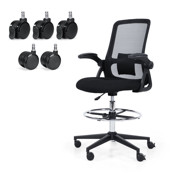 Ergonomic Tall Drafting Chair, Adjustable Mesh Office Chair with Locking Casters, Flip-Up Arms, Adjustable Lumbar Support, Height Adjustable Foot Ring, 300lbs Capacity for Standing Desk Home Office