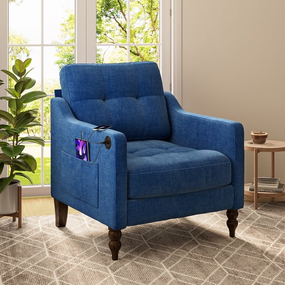 LEGAHOME Accent Chair for Living Room, Chenille Upholstered Armchair with Solid Wood Leg, Mid Century Single Sofa Chair for Living Room, Bedroom, Reading Corner, Blue