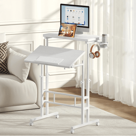 Ergonomic Tilting Laptop Workstation with Adjustable Height, Cup Holder & Lockable Casters, Sturdy Mobile Table for Office, Study and Treadmill Application