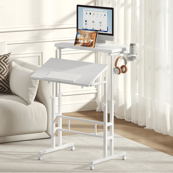 Ergonomic Tilting Laptop Workstation with Adjustable Height, Cup Holder & Lockable Casters, Sturdy Mobile Table for Office, Study and Treadmill Application