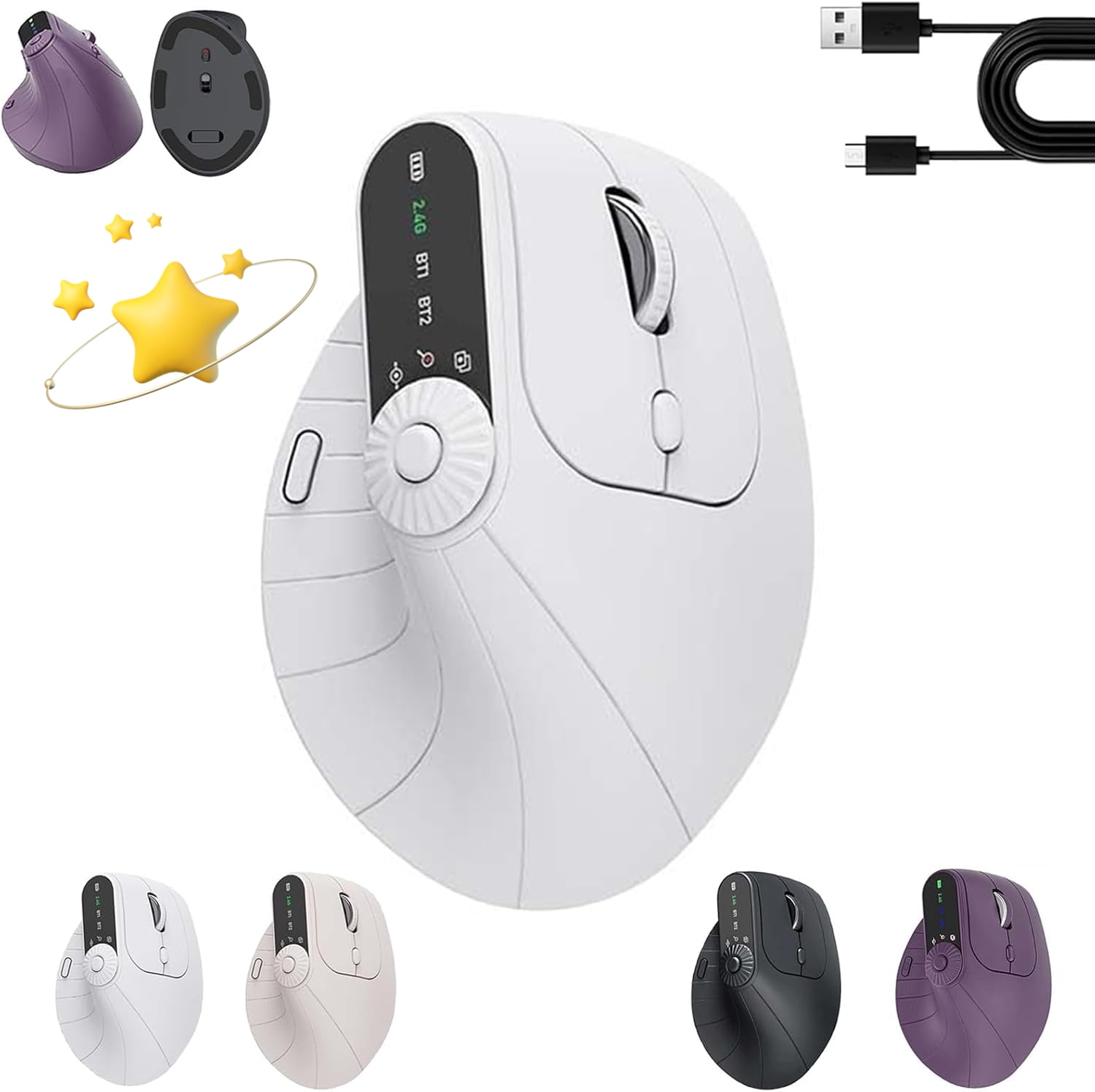 Ergonomic Triple-Connect Wireless Mouse, Vertical Ergonomic Mouse with 4 Adjustable DPI, Bluetooth Rechargeable Wireless Vertical Mouse,Tri-Mode, Screen Display, Multi-Knob, Type-C Charging (White)