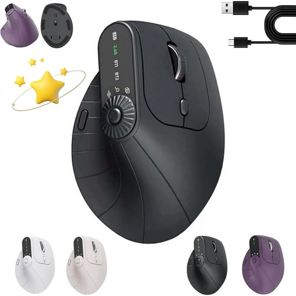 Ergonomic Triple-Connect Wireless Mouse, Vertical Ergonomic Mouse with 4 Adjustable DPI, Bluetooth Rechargeable Wireless Vertical Mouse,Tri-Mode, Screen Display, Multi-Knob, Type-C Charging (Black)