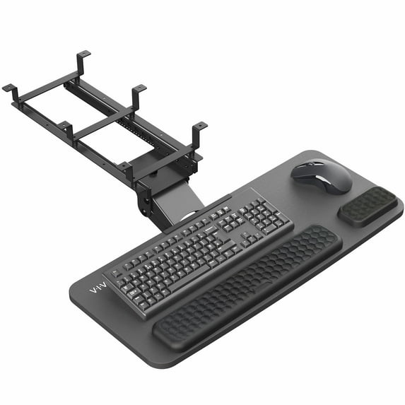 Ergonomic Under Desk Keyboard Tray with Adjustable Height and Rotation, 26.8x11.2 Inch Universal Surface, Foam Padding for Comfort, Black