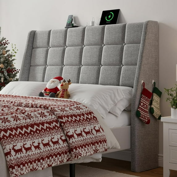 Ergonomic Upholstered Full Size Headboard w/Charging Station, Linen Wingback Headboards w/Storage Pocket, Full Headboard Only, Bed Frame Adapters, Sturdy Solid Wood Bed Head Board, Light Grey