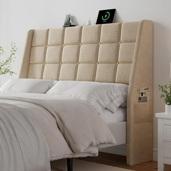 Ergonomic Upholstered Full Size Headboard w/Charging Station, Linen Wingback Headboards w/Storage Pocket, Full Headboard Only, Bed Frame Adapters, Sturdy Solid Wood Bed Head Board, Beige