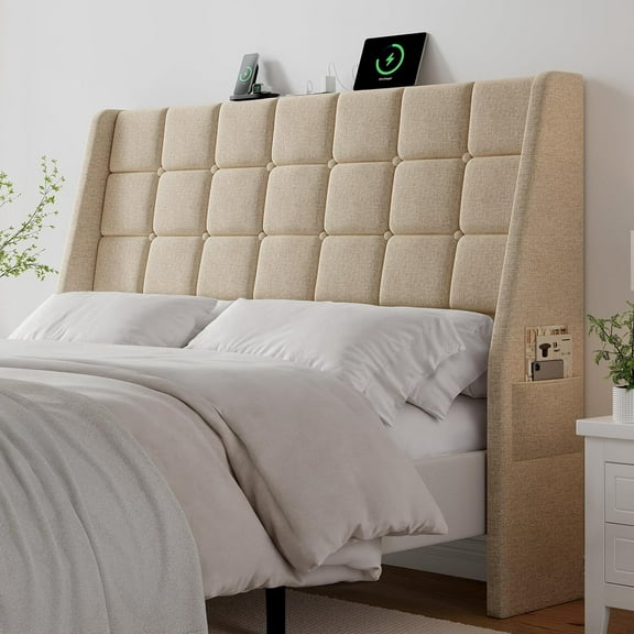 Ergonomic Upholstered Headboard Queen Size w/Charging Station, Linen Wingback Headboards w/Storage Pocket, Queen Headboard Only, Bed Frame Adapters, Sturdy Stable Solid Wood Bed Head Board, Beige