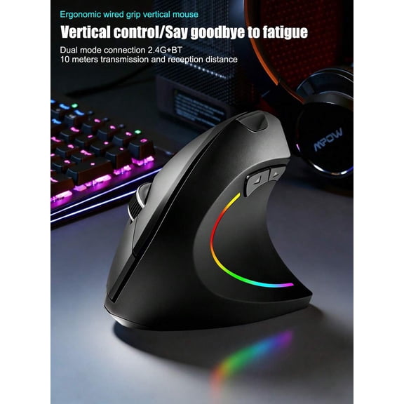 Ergonomic Vertical Wireless Mouse, 57 Natural Grip Angle, Anti-Mouse Hand, USB Receiver For Desktop & Laptop, 6 Buttons, Adjustable DPI, Right-Handed Design, RGB Lighting, Suitable For PC Gamers