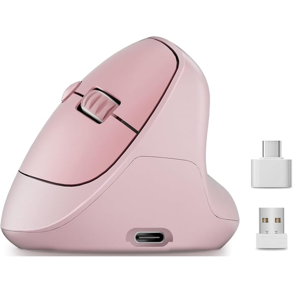 Ergonomic Vertical Wireless Mouse, 57 Natural Handshake for Wrist Pain Relief, Rechargeable 2.4G USB Computer Mouse, Quiet Click, 800/1200/1600 DPI, for Laptop PC Mac, Small/Medium Hands (Pink)