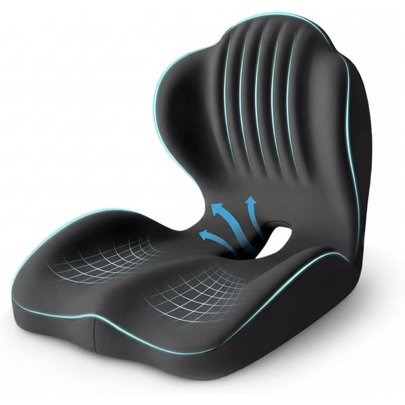 Ergonomic Waist Support and Seat Cushion, 2-in-1 Memory Foam Pad, Hollow Design for Coccyx, Suitable for Office Chairs, Car Safety Seats and Household Use - Relieves Lower Back and Hip Pain (Black)