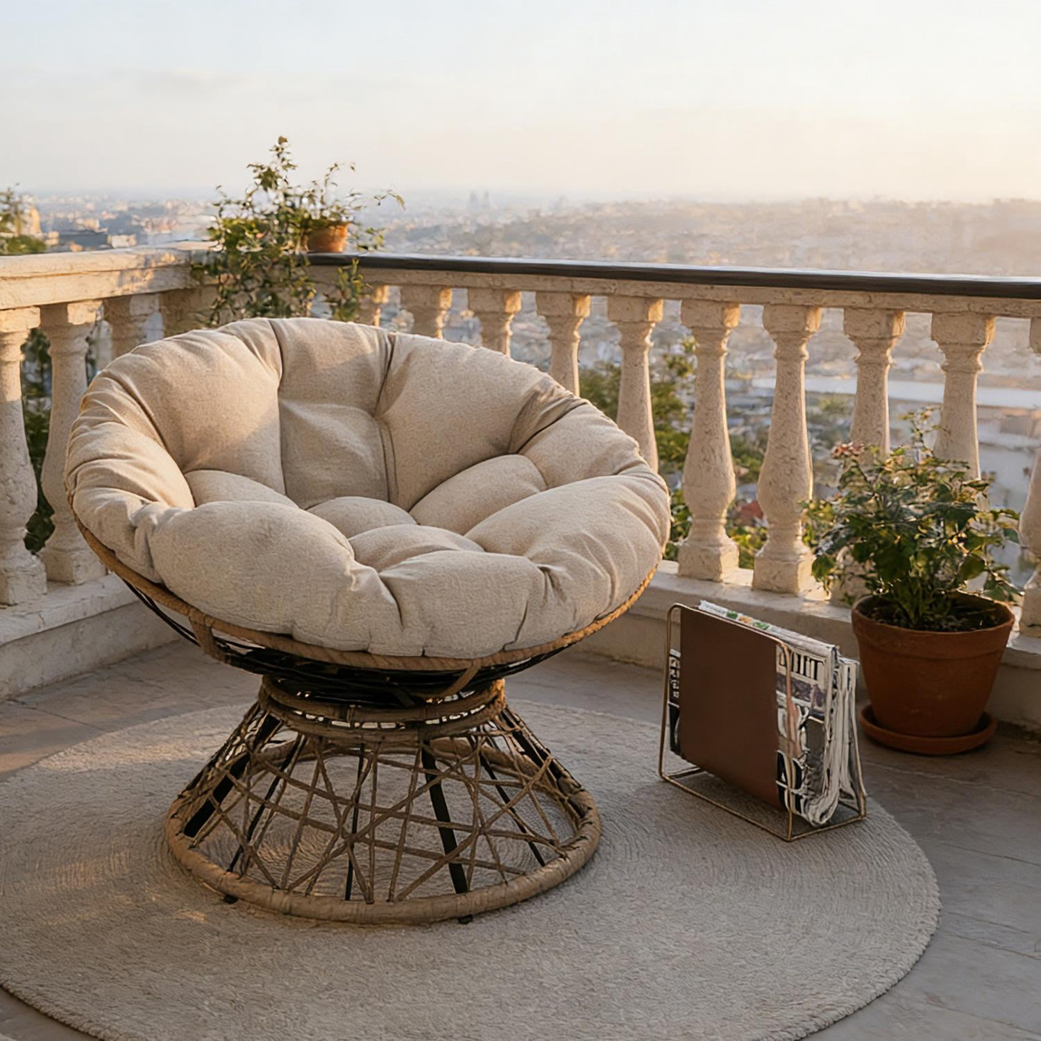 Ergonomic Wicker Chair, 360 Swivel Papasan with Ultra-Thick Polyester Cushion, Water Resistant and Stain Resistant Fabric, Adjustable Feet, 330 Lbs Capacity for Living Room Bedroom Lounge, Beige