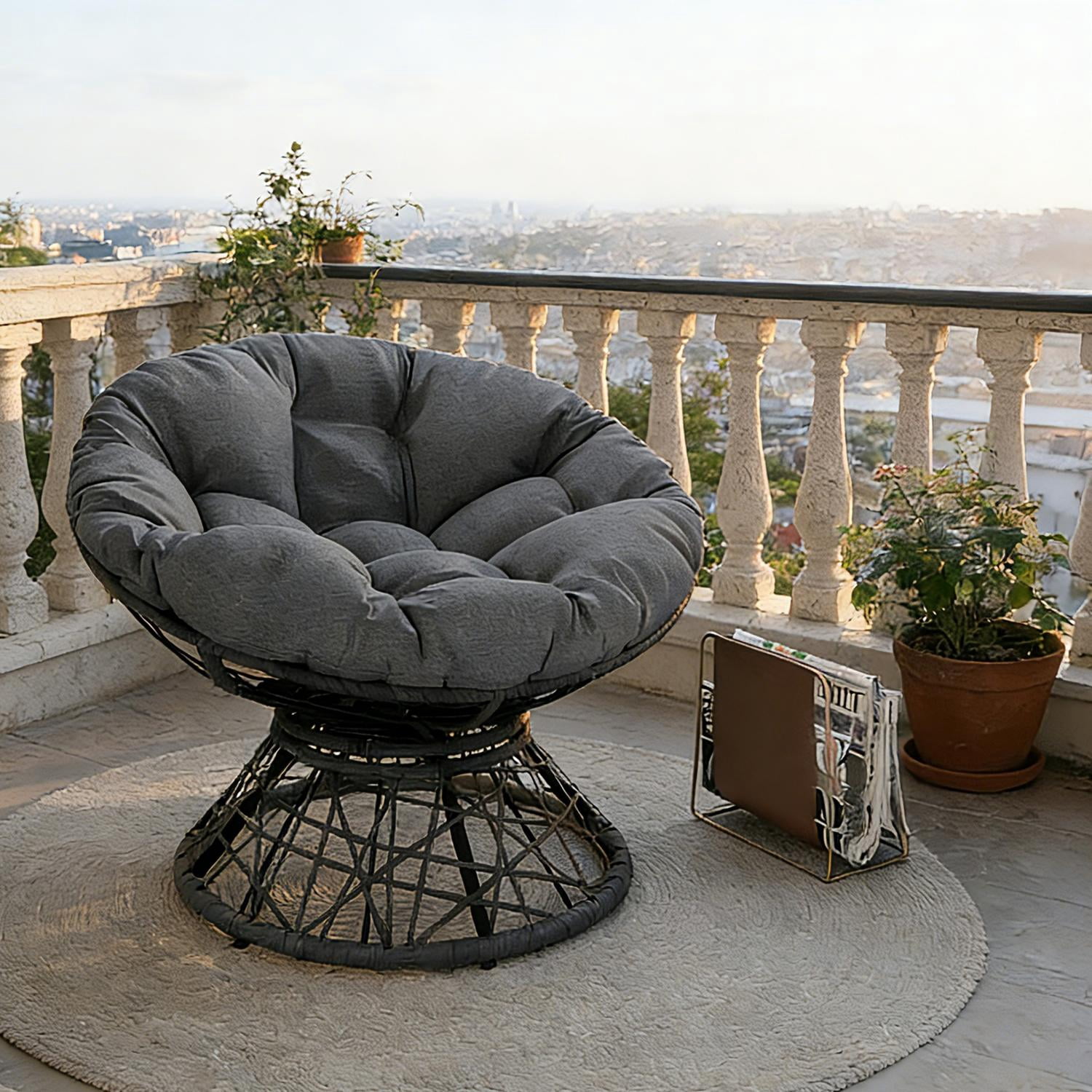 Ergonomic Wicker Chair, 360 Swivel Papasan with Ultra-Thick Polyester Cushion, Water Resistant and Stain Resistant Fabric, Adjustable Feet, 330 Lbs Capacity for Living Room Bedroom Lounge, Gray