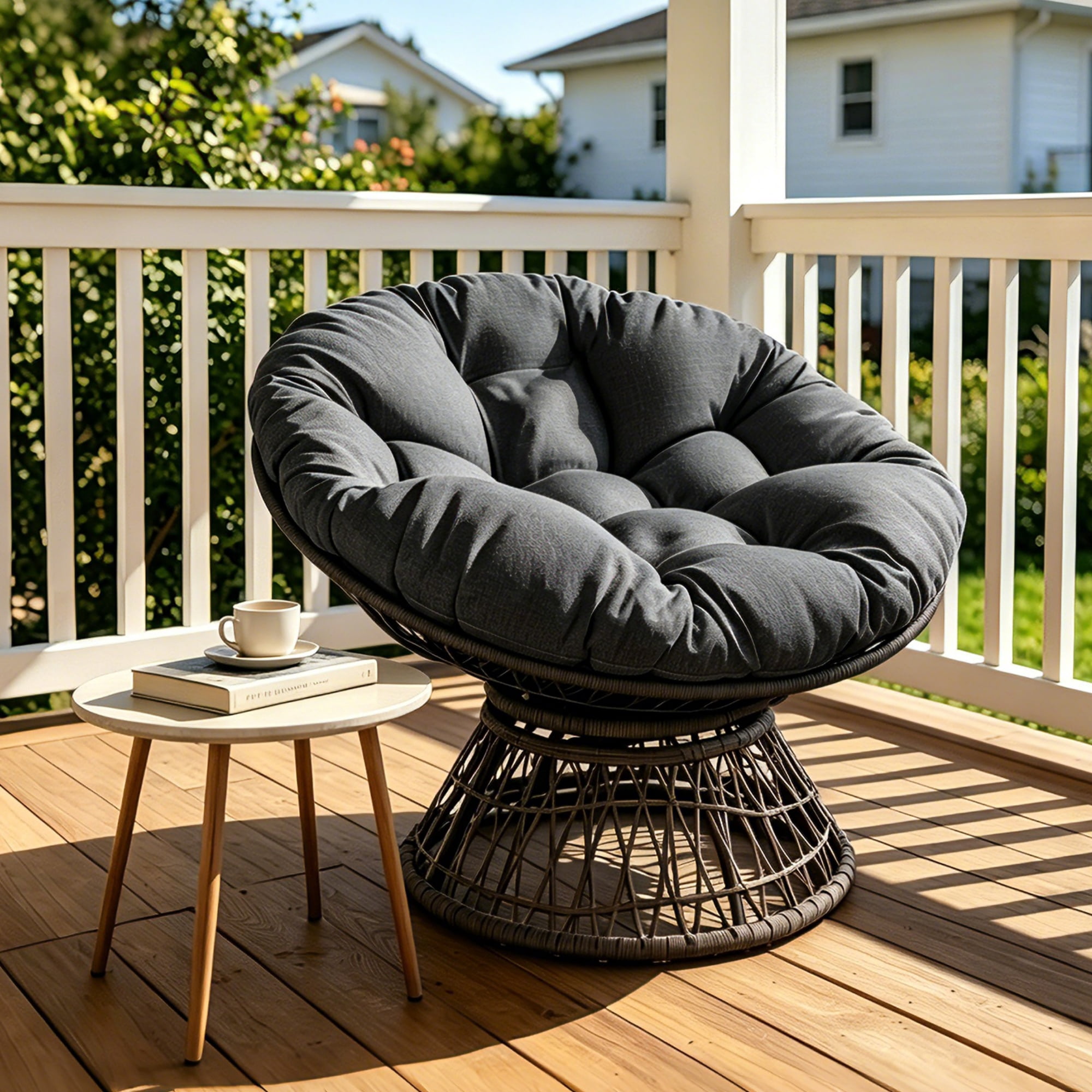 Swivel Papasan Chair with 360 Degree Rotation, Ergonomic Wicker Chair with Cloud Thick Density Fabric Cushion, Adjustable Feet and Ultra-Thick Waterproof Cushion for Living Room Bedroom, Black