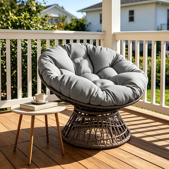 Swivel Papasan Chair with 360 Degree Rotation, Ergonomic Wicker Chair with Cloud Thick Density Fabric Cushion, Adjustable Feet and Ultra-Thick Waterproof Cushion for Living Room Bedroom, Gray