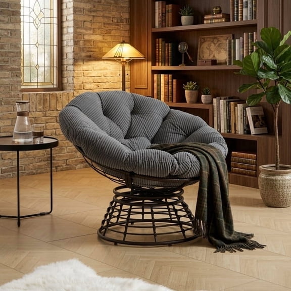 Ergonomic Wicker Papasan Chair, 360° Swivel Chair with Soft Thick Cushion for Living Room, Bedroom, Reading Room