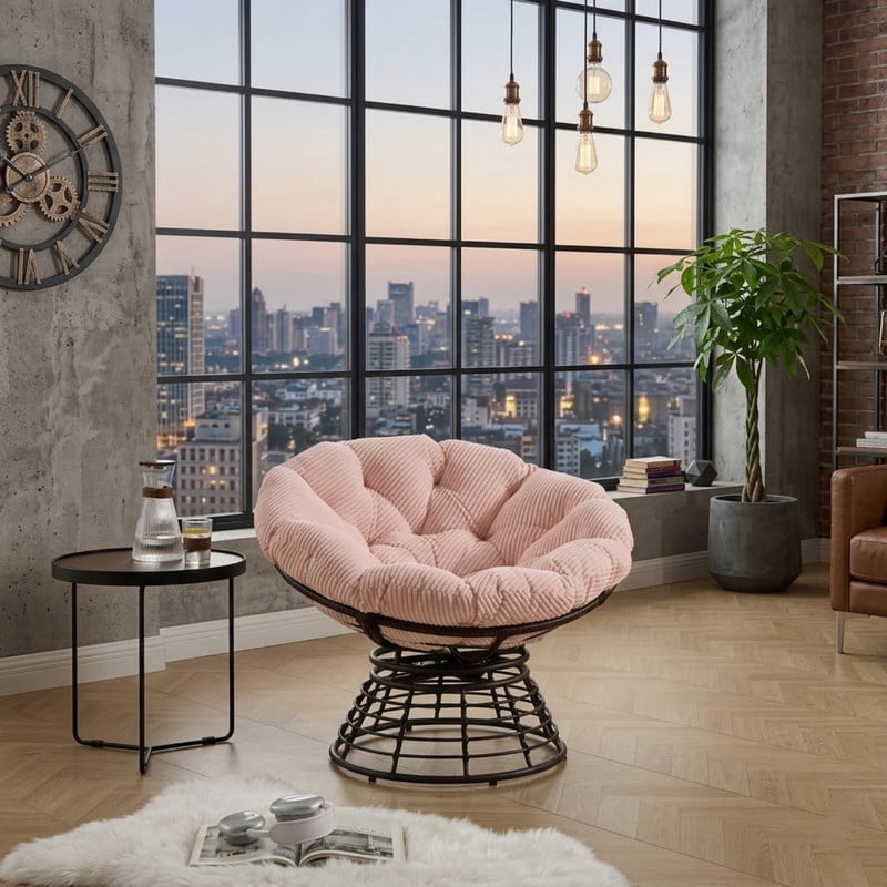 Ergonomic Wicker Papasan Chair, 360° Swivel Chair with Soft Thick Cushion for Living Room, Bedroom, Reading Room