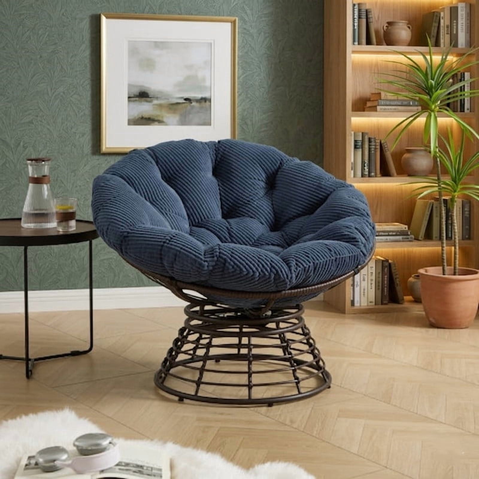 Ergonomic Wicker Papasan Chair, 360° Swivel Chair with Soft Thick Cushion for Living Room, Bedroom, Reading Room