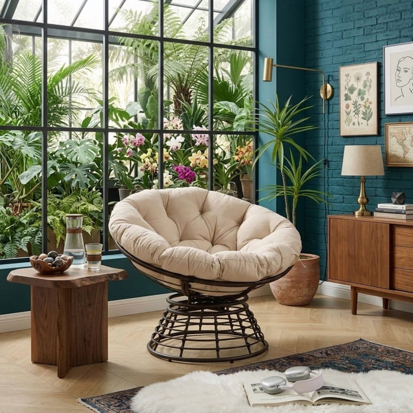 Ergonomic Wicker Papasan Chair, 360° Swivel Chair with Soft Thick Cushion for Living Room, Bedroom, Reading Room