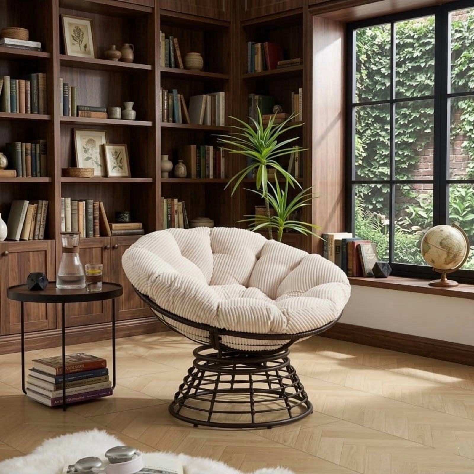 Ergonomic Wicker Papasan Chair, 360° Swivel Chair with Soft Thick Cushion for Living Room, Bedroom, Reading Room