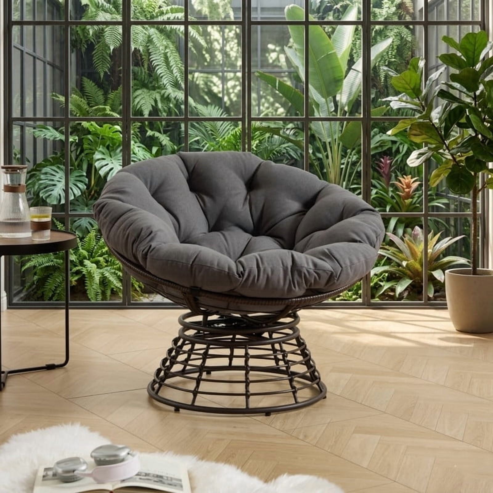 Ergonomic Wicker Papasan Chair, 360° Swivel Chair with Soft Thick Cushion for Living Room, Bedroom, Reading Room