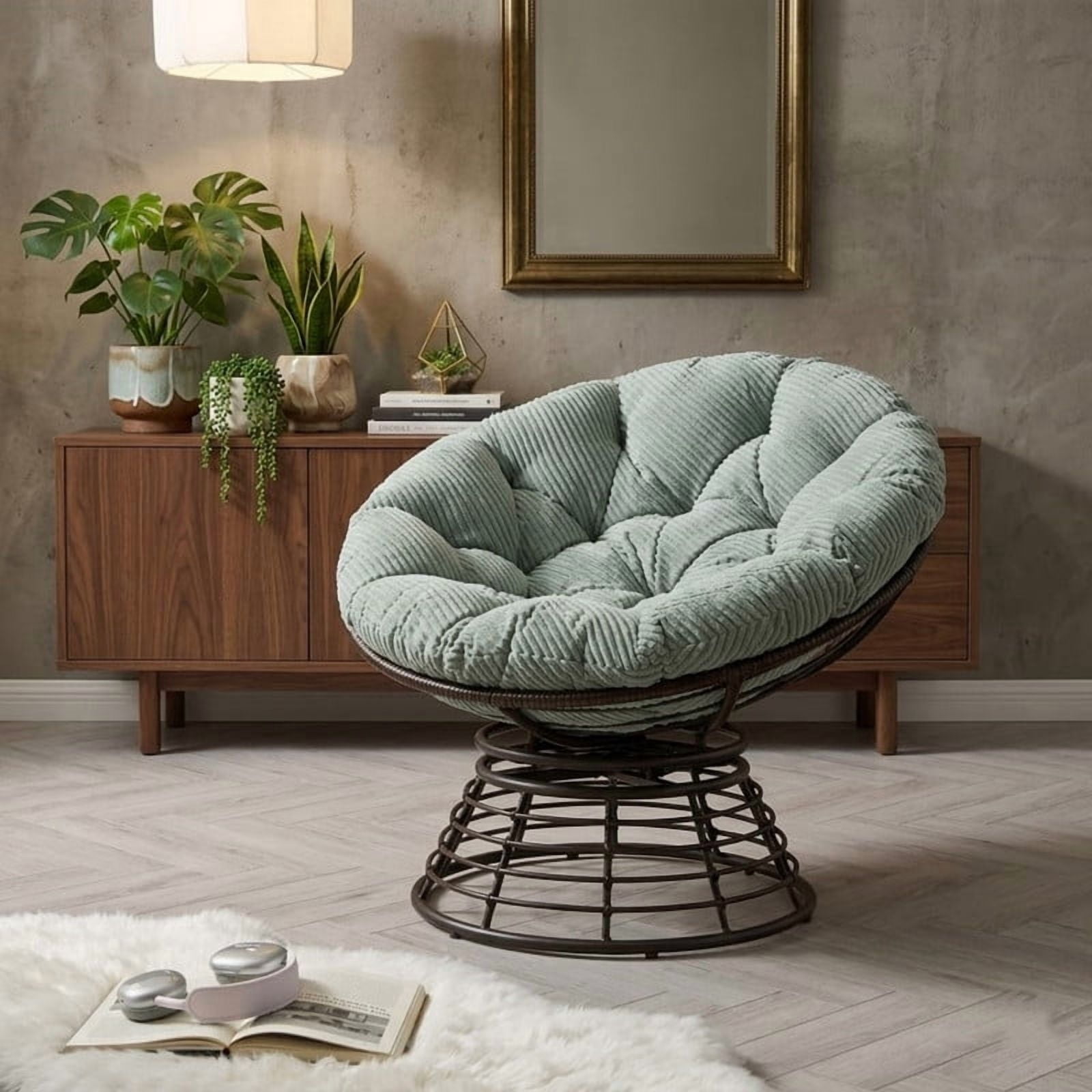 Ergonomic Wicker Papasan Chair, 360° Swivel Chair with Soft Thick Cushion for Living Room, Bedroom, Reading Room