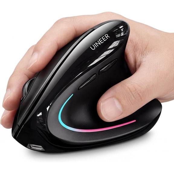 Wireless Ergonomic Mouse, Wireless Bluetooth Rechargeable Vertical Mouse, 7 Color LED, 4 DPI Adjustable, USB-A Receiver, Wrist Strain Relief,Optical Mice for Computer/PC/Laptop, Black (Black)