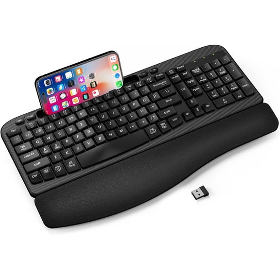 Ergonomic Wireless Keyboard with Cushioned Wrist Rest, Wave Keys, Phone Holder, Comfortable Natural Typing, 2.4GHz Full Size Cordless USB Computer Keyboard for Windows, Mac OS, Laptop, PC (Black)