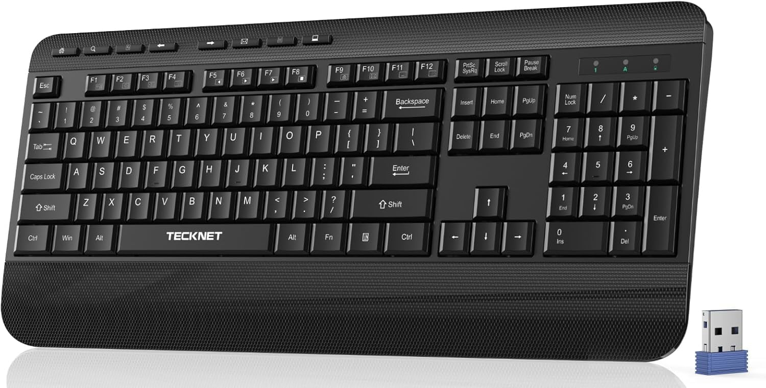 Ergonomic Wireless Keyboard for Laptop, 2.4G USB Silent Computer Keyboard with Comfortable Palm Rest & Adjustable Feet Stand for Desktop, PC, Notebook, Surface and Windows, Full Size Layout
