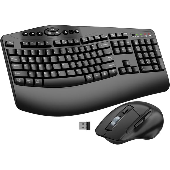 Ergonomic Wireless Keyboard and Mouse Combo, 2.4GHz Full Size Wave Keys Computer Keyboard with Wrist Rest for Natural Typing, Silent 6 Button USB Mouse for Laptop PC Windows Mac