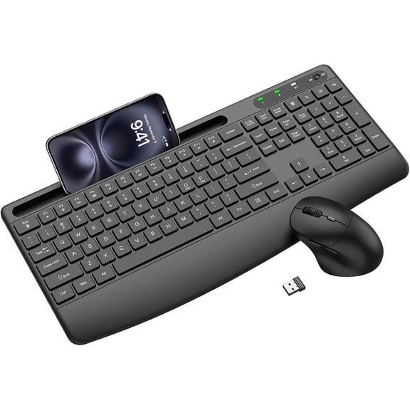 Ergonomic Wireless Keyboard and Mouse Combo, Full-Size Silent Keyboard with Wrist Rest & Phone Holder, 3 DPI Adjustable Mouse, 2.4G Lag-Free Cordless, Long Battery Life for PC Laptop Mac Windows