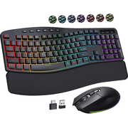 Ergonomic Wireless Keyboard and Mouse Silent, Rechargeable Wave Keyboard with 15 Lighting RGB Backlit Effects, Soft Leather Wrist Rest, 3200 DPI Mouse for PC Co