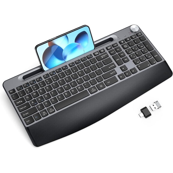 Ergonomic Wireless Keyboard with Wrist Rest-Low-Profile,Phone/Tablet Holder,Quiet DesignWindows & Mac OSFull Size Cordless USB Computer Keyboard for Desktop,Laptop, PC, Mac, Windows-Black