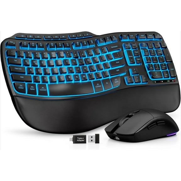 Ergonomic Wireless Keyboard and Mouse Combo, Rechargeable 4000mAh Backlit Keyboard with a Soft, Faux Lambskin Palm Rest, Wave Keys for Natural Typing