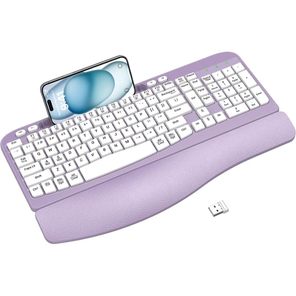 Ergonomic Wireless Keyboard with Cushioned Wrist Rest, Wave Keys, Phone Holder, Comfortable Natural Typing