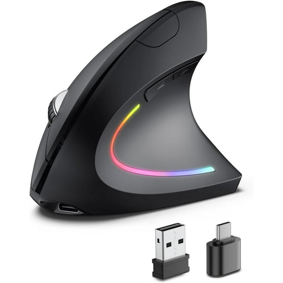 Ergonomic Wireless Rechargeable , Bluetooth+USB A+Type C(3 in 1) Connection, 5 Levels Up to 4800 DPI, 6 Silent Buttons, 2.4GHz Carpal Tunnel Vertical Mice, for Laptop, Desktop,MacBook-black
