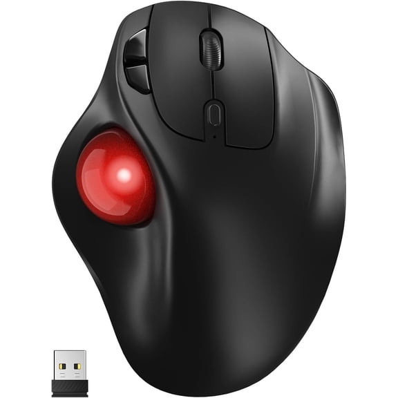 Ergonomic Wireless Trackball Mouse, 3 Device Connection (Bluetooth or 2.4G USB Receiver) Bluetooth Quiet Computer Mouse, 2*AAA Battery Thumb Laptop Mice with 5 Level DPI for PC/Laptop/Mac/Windows Red