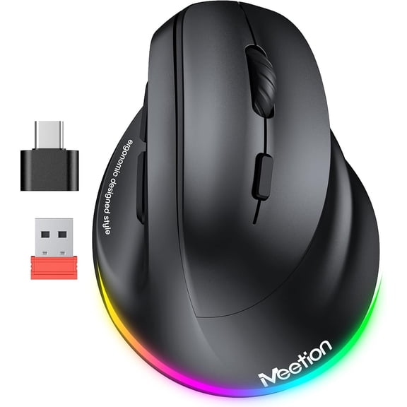 Ergonomic , Wireless Vertical RGB Backlit Rechargeable Mice for Bluetooth(5.2 + 3.0) & USB-A with USB-C Adapter 4 Adjustable DPI for Mac/Windows/Andriod/PC/Tablet/iPad Black